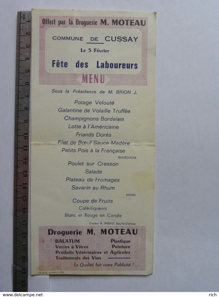 MENU - (37) - Commune De CUSSAY - Fête Des Laboureurs - Imp Baugé La Haye Descartes, Traiteur Rabaté, Bets Le Château - Menus