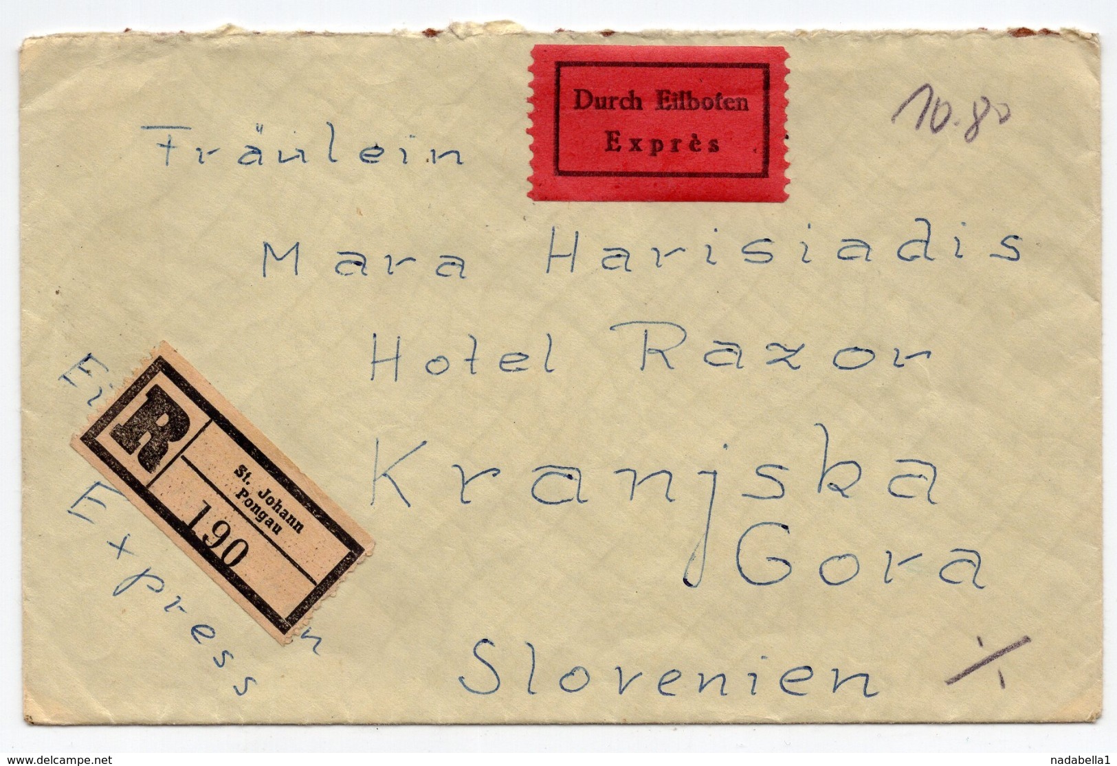 1954 AUSTRIA, ST. JOHANN PONGAU TO KRANJSKA GORA,SLOVENIA,YUGOSLAVIA,TPO LJUBLJANA-MOST NA SOCI,EXPRESS REGISTERED MAIL - Briefe U. Dokumente