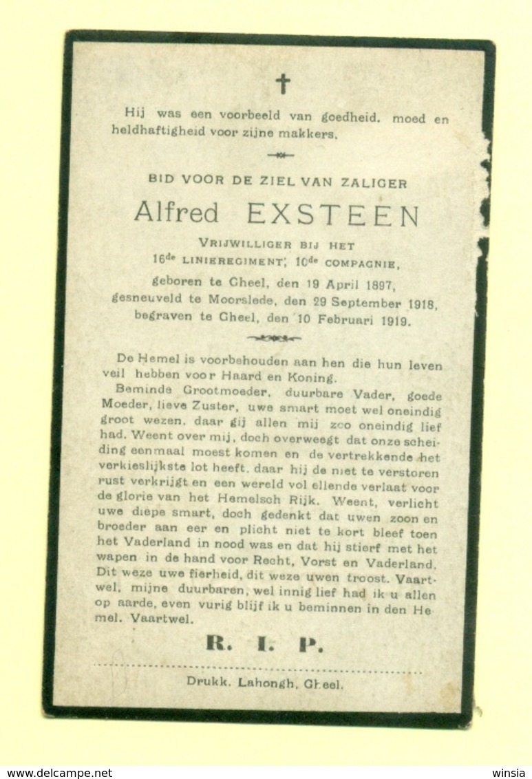 WO1 / WW1 - Doodsprentje Alfred Exsteen - Geel / Moorslede - Gesneuvelde - Décès