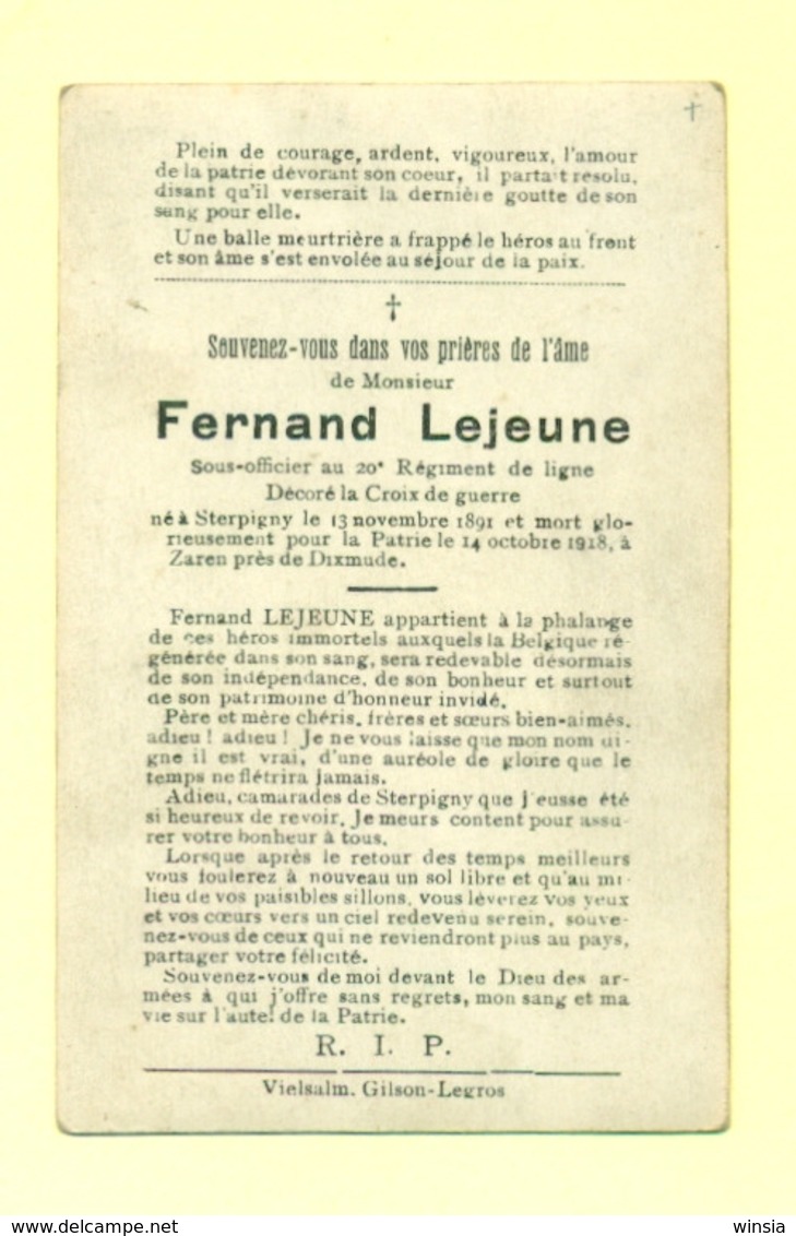 WO1 / WW1 - Doodsprentje  Fernand Lejeune - Sterpigny / Zarren - Gesneuvelde - Décès