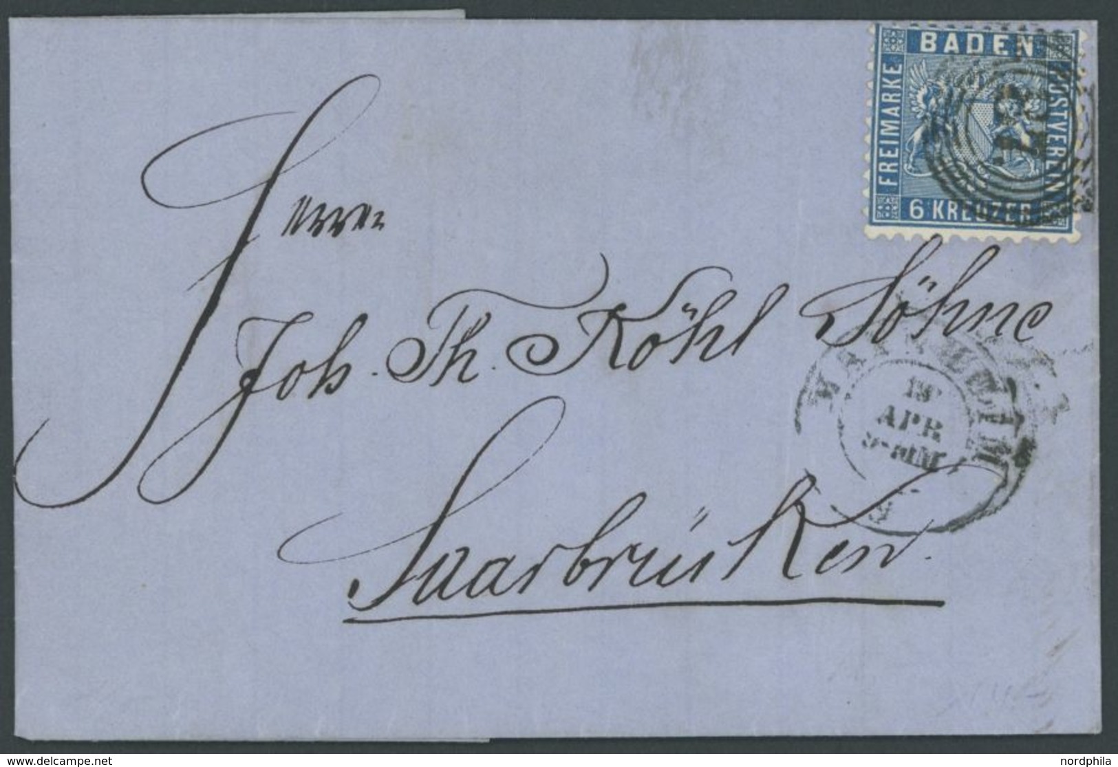 BADEN 14b BRIEF, 1863, 6 Kr. Preußischblau, Kleiner Prachtbrief Von 87 (MANNHEIM) Nach Saarbrücken - Altri & Non Classificati