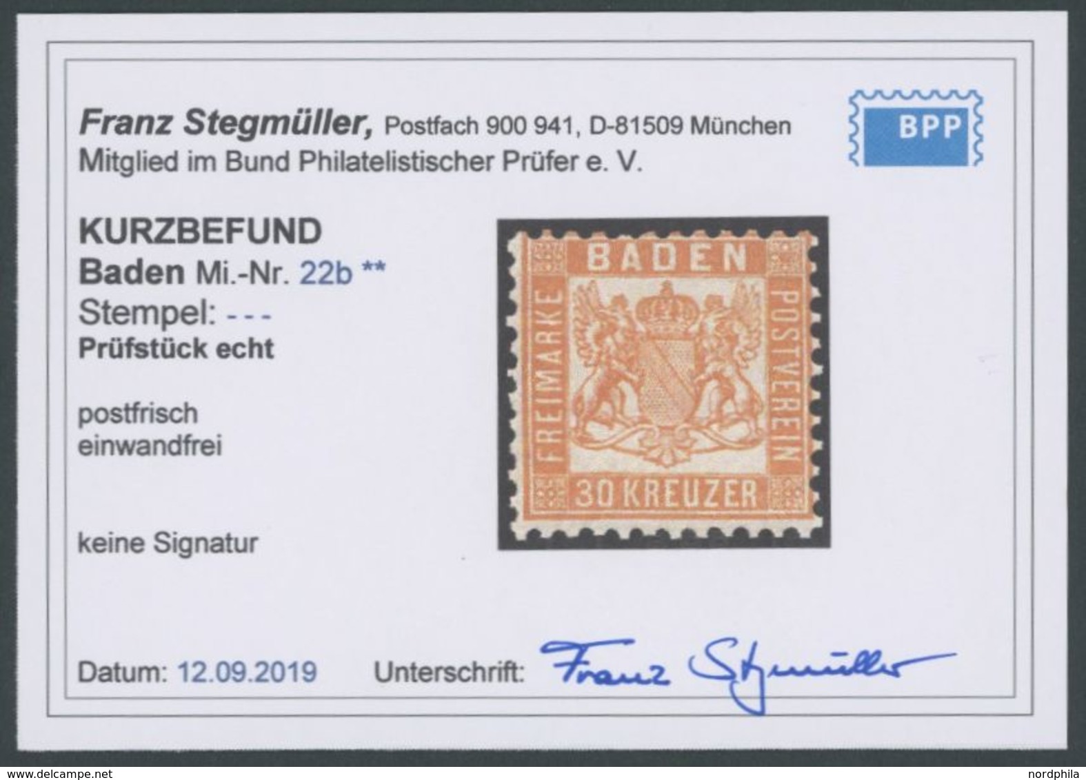 BADEN 22b **, 1862, 20 Kr. Dunkelgelblichorange, Postfrisch, Pracht, Kurzbefund Stegmüller, Mi. 100.- - Otros & Sin Clasificación
