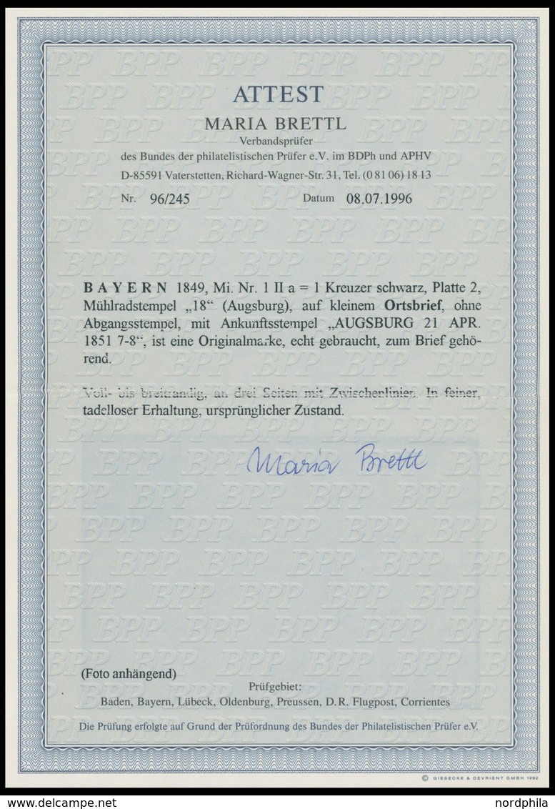 BAYERN 1IIa BRIEF, 1851, 1 Kr. Schwarz, Platte 2, Allseits Voll-breitrandig Mit Trennungslinien An Drei Seiten, Auf Klei - Other & Unclassified