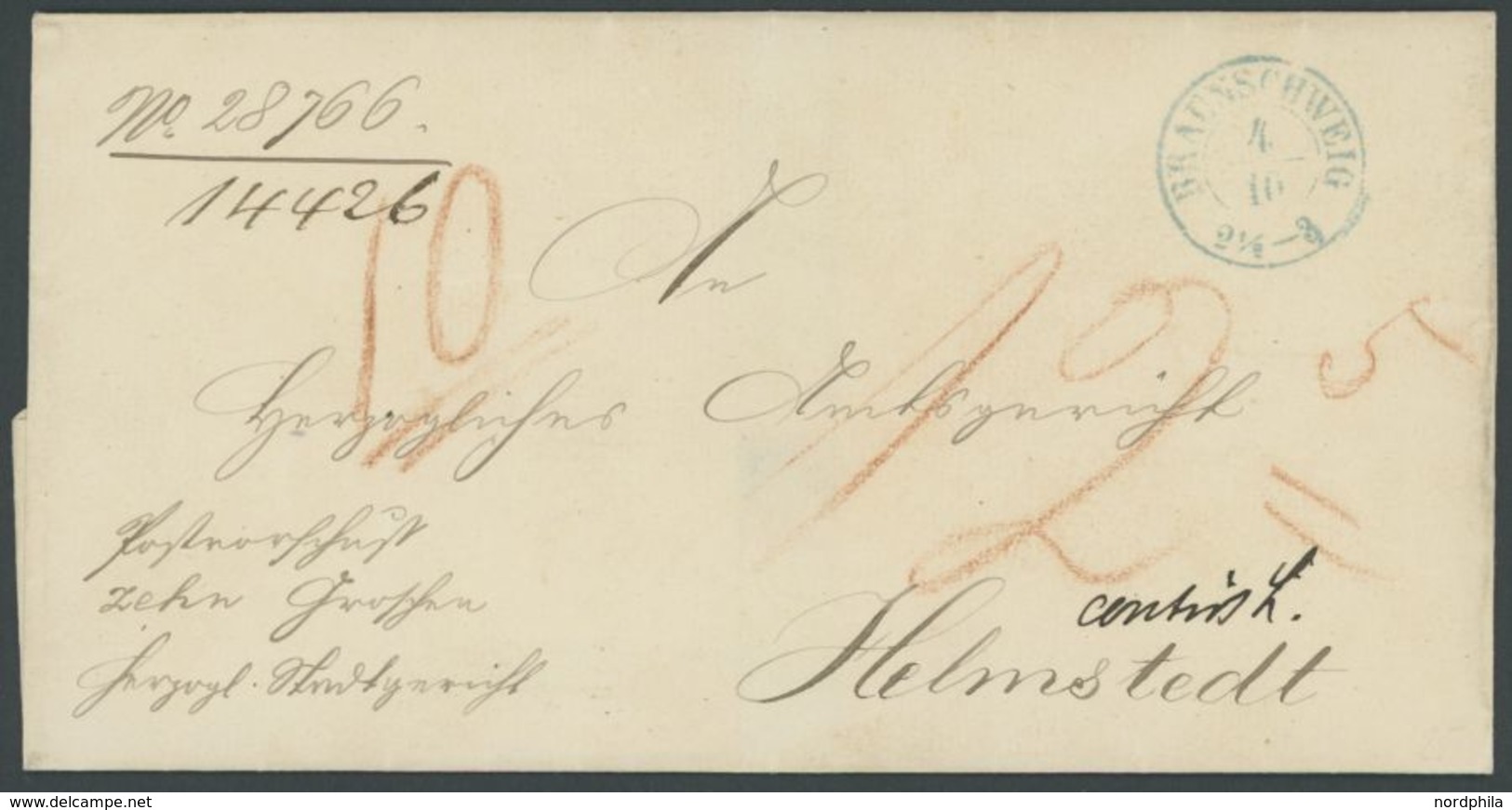 BRAUNSCHWEIG BRAUNSCHWEIG, Blauer K2 Auf Dienstbrief (1867) Nach Helmstedt, Pracht - Prephilately