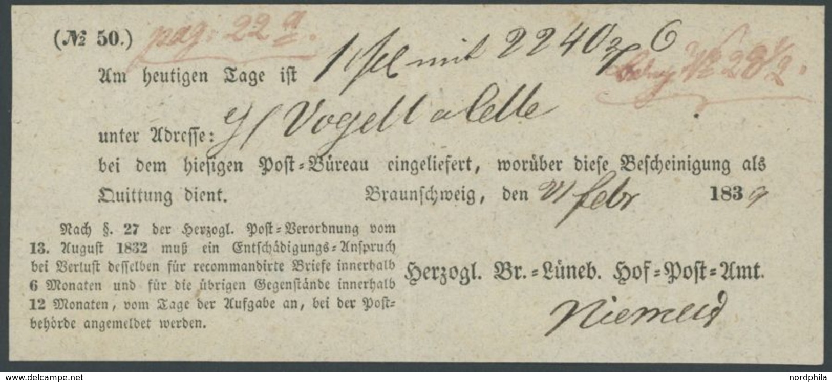 BRAUNSCHWEIG 1839, Postschein Vom HERZOGL. BR. LÜNEB. HOF POST-AMT, Pracht - Prephilately