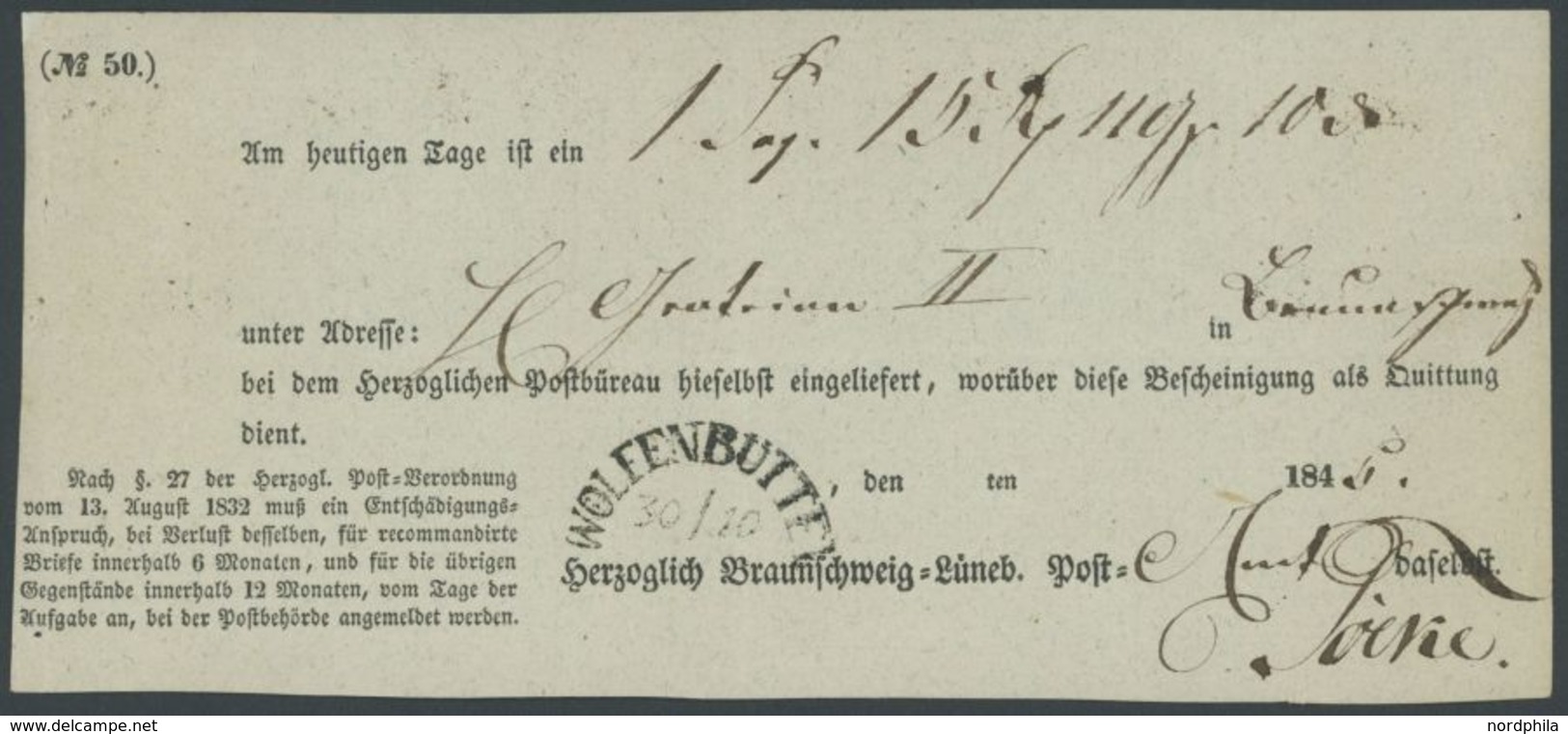 BRAUNSCHWEIG WOLFENBÜTTEL, Halbkreisstempel Auf Postschein (1845), Herzoglich Braunschweig Lüneb. Post, Pracht - Prephilately