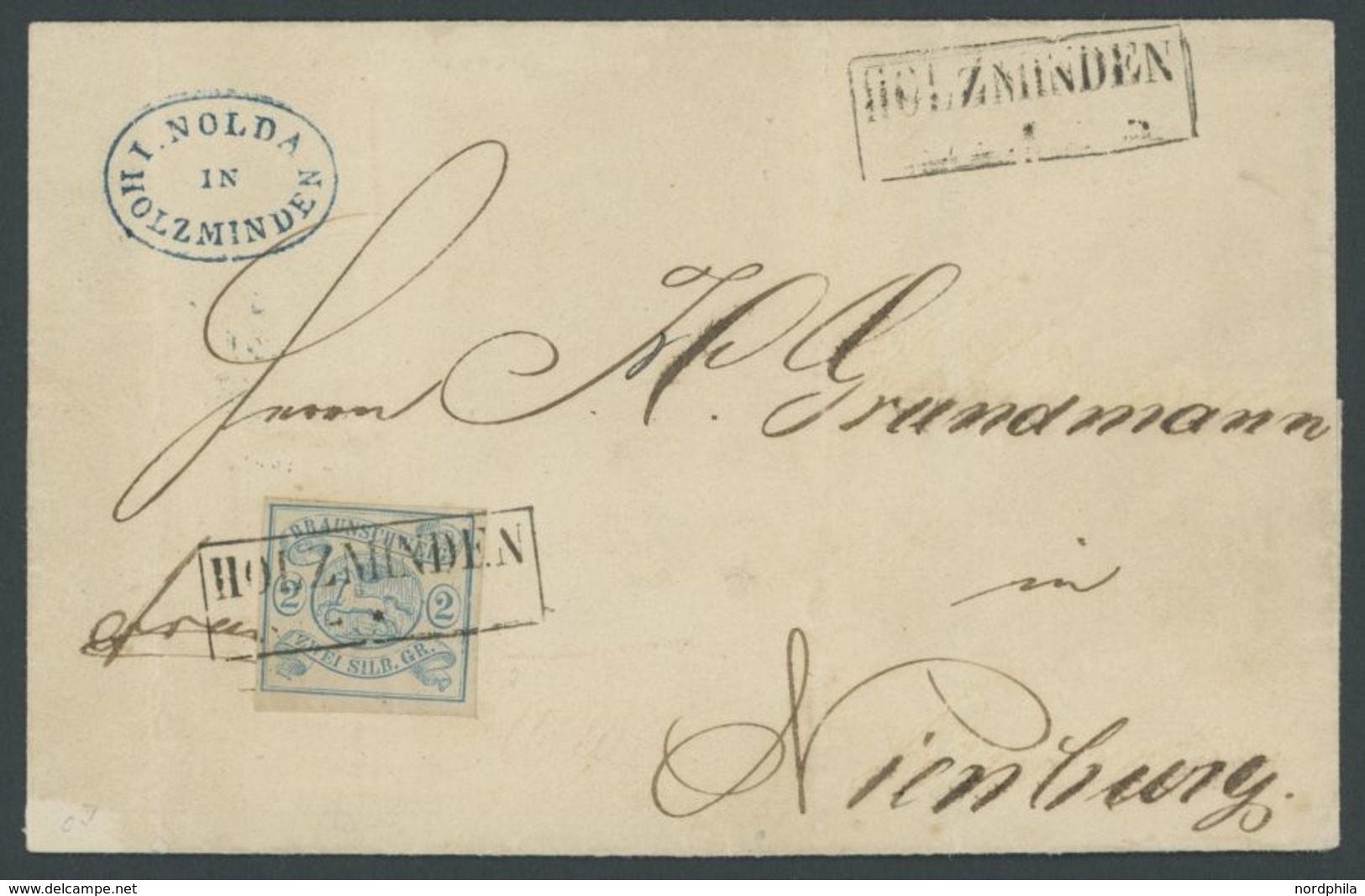 BRAUNSCHWEIG 2 BRIEF, 1855, 2 Sgr. Lebhaftpreußischblau Mit R2 HOLZMINDEN Auf Brief Nach Nienburg, Leichte Senkrechte Bu - Brunswick