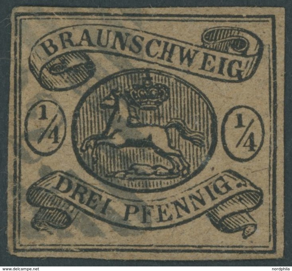 BRAUNSCHWEIG 4 O, 1856, 1/4 Ggr. Schwarz Auf Hellbraun, Schmal-breitrandig, Pracht, Mi. 320.- - Brunswick