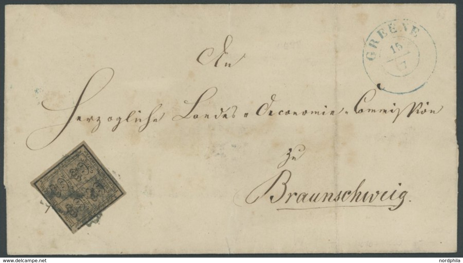 BRAUNSCHWEIG 9a BRIEF, 1863, 4/4 Gr. Schwarz Auf Graubraun Mit Nummernstempel Und Seltenem Blauen Nebenstempel GREENE Au - Brunswick