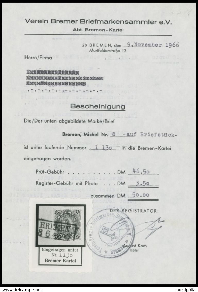 BREMEN 8B BrfStk, 1863, 10 Gr. Schwarz, Durchstich D 1 II, Mit 3 Trennungslinien Auf Briefstück, R2 BREMEN, Kabinettbrie - Brême