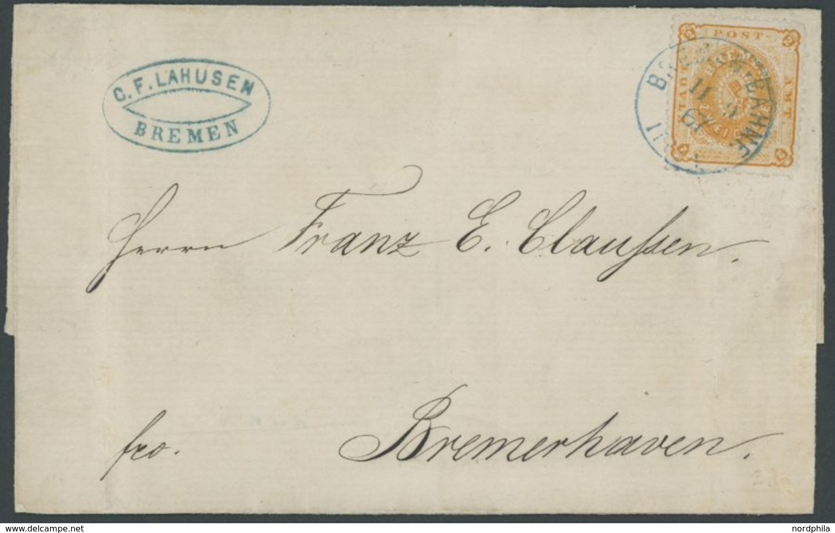 BREMEN 10a BRIEF, 1867, 2 Gr. Dunkelgelblichorange Auf Brief Mit Blauem K1 BREMEN BAHNF., Senkrechter Geglätteter Bug Du - Bremen