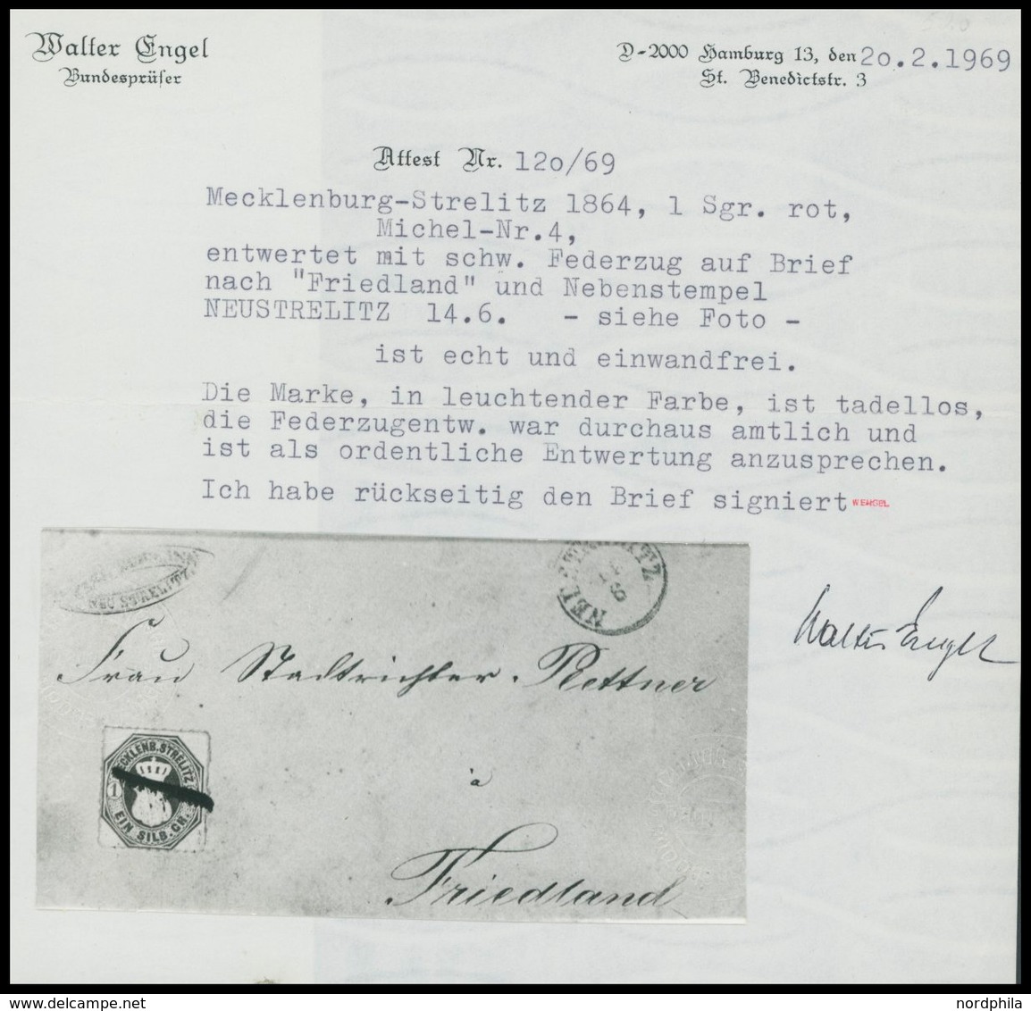 MECKLENBURG-STRELITZ 4 BRIEF, 1864, 1 S. Dunkelrosarot Mit Federzugentwertung Auf Brief Von NEUSTRELITZ Nach Friedland,  - Mecklenburg-Strelitz