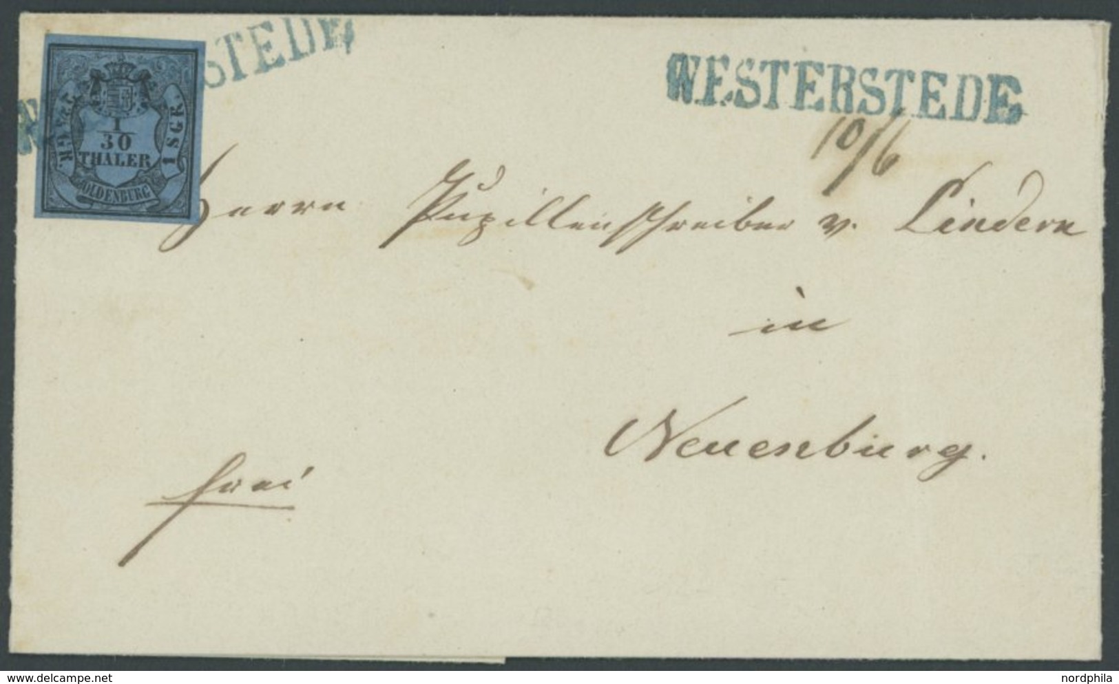 OLDENBURG 2I BRIEF, 1853, 1/30 Th. Schwarz Auf Lebhaftgrauultramarin, Type I, Auf Brief Mit Blauem L1 WESTERSTEDE, Kabin - Oldenburg