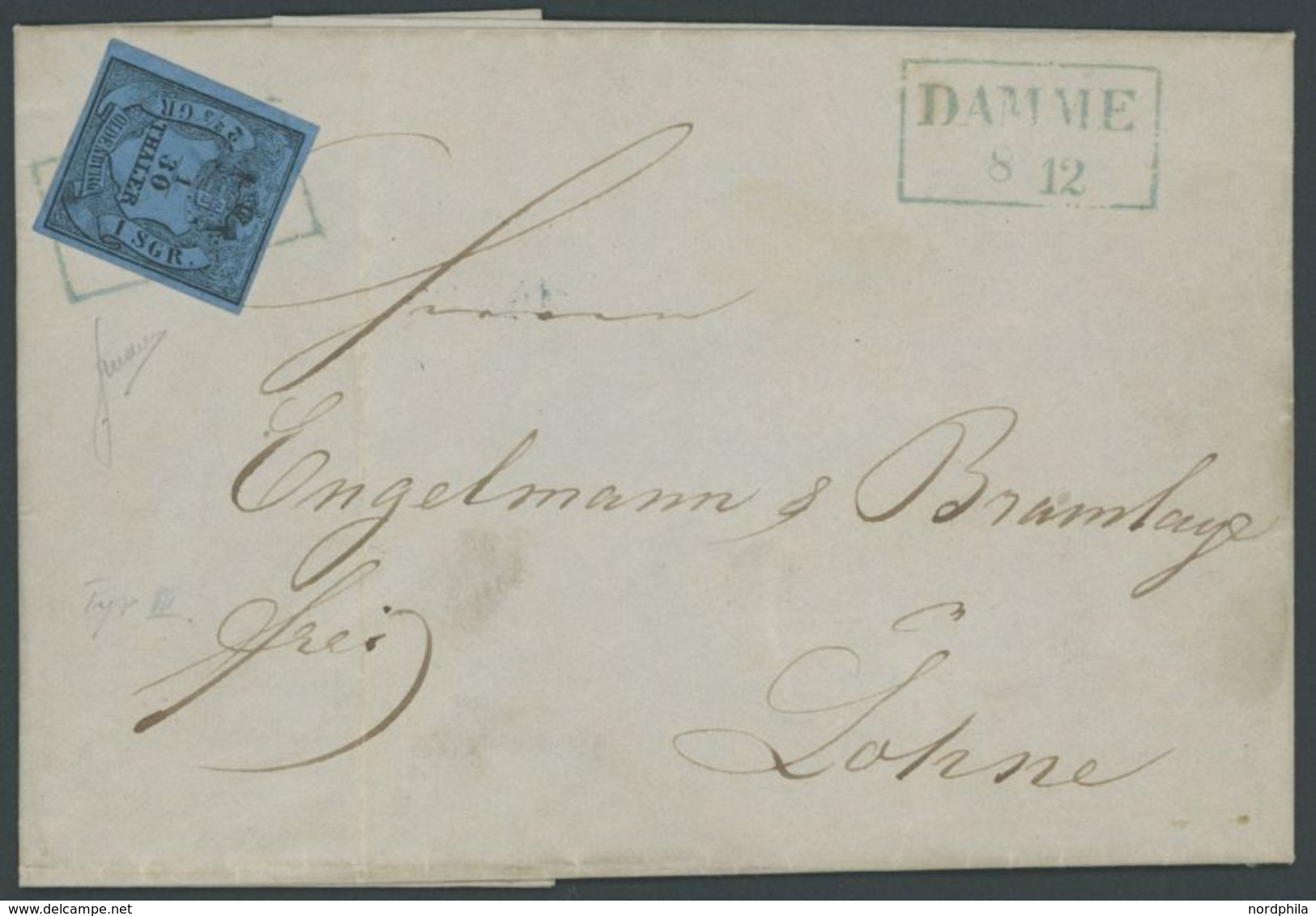OLDENBURG 2III BRIEF, 1854, 1/30 Th. Schwarz Auf Lebhaftgrauultramarin, Type III, Blauer R2 DAMME, Prachtbrief Nach Lohn - Oldenburg