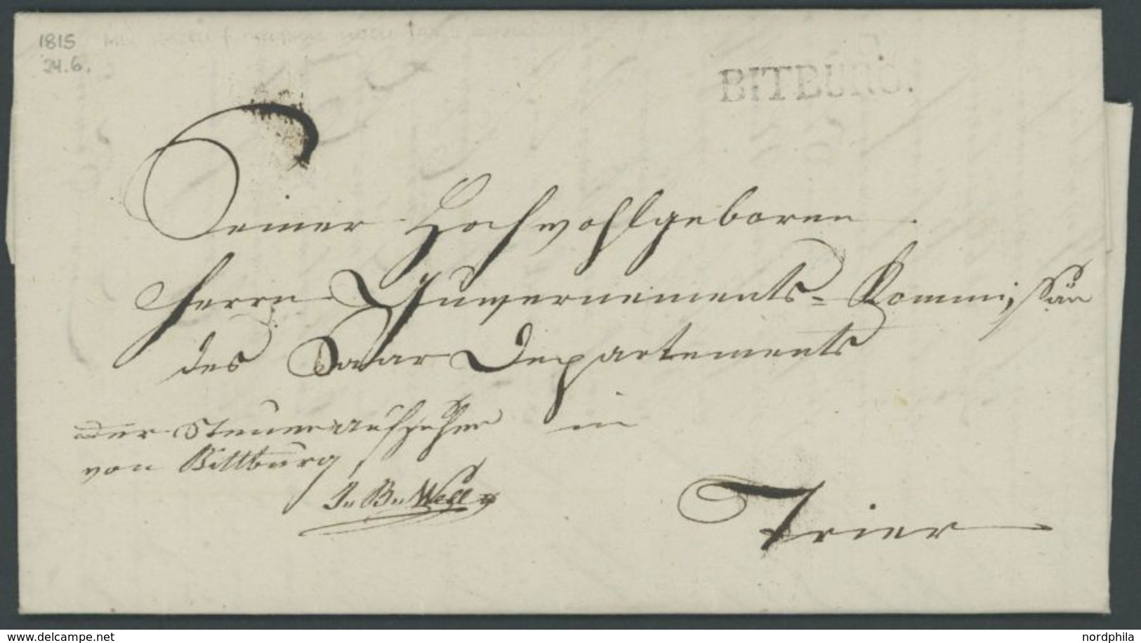 PREUSSEN BITBURG, L1 Auf Brief (1815) Nach Trier, Pracht - Prephilately