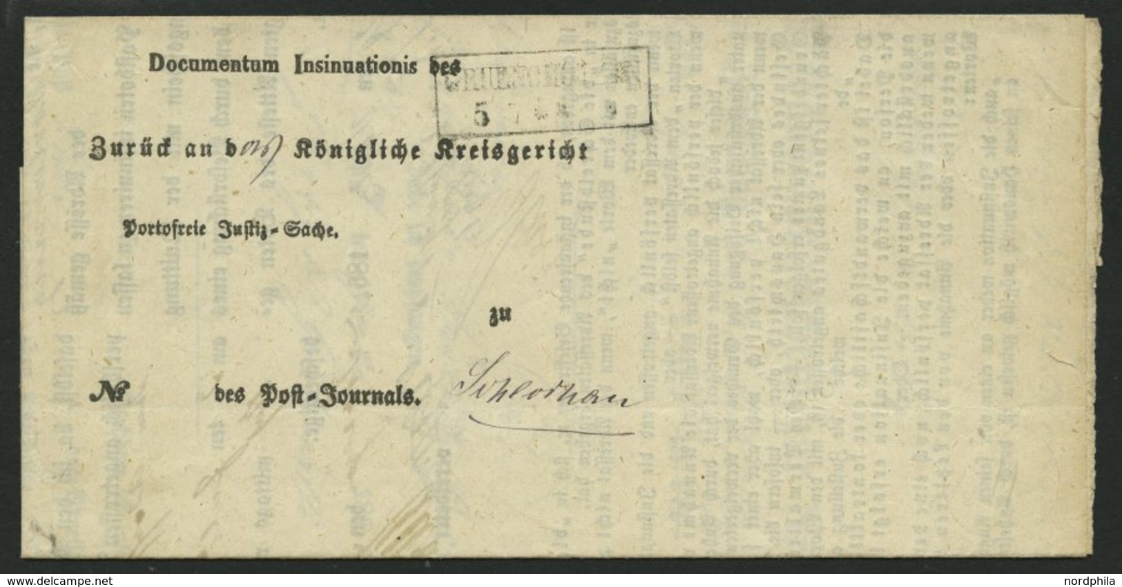 PREUSSEN GRUENCHOTZEN, R2 Auf Postbehändigungsschein (1865), Innen Mit Krone-Posthornstempel, Pracht - Otros & Sin Clasificación