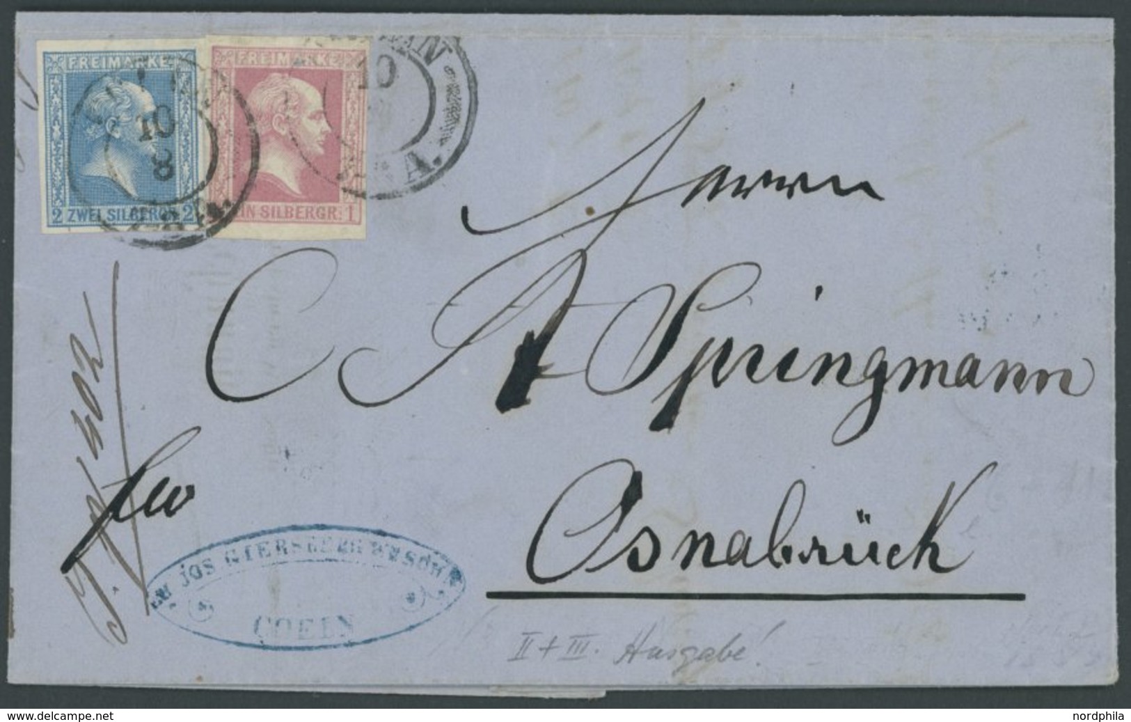 PREUSSEN 6a,11a BRIEF, 1889, Mischfrankatur: 1 Sgr. Rosa Und 2 Sgr. Blau Auf Brief Von COELN Nach Osnabrück, Pracht - Other & Unclassified