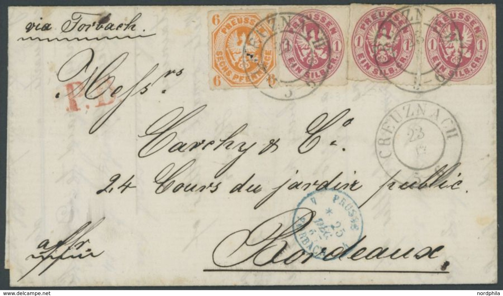 PREUSSEN 15a,16 BRIEF, 1867, 6 Pf. Orange Mit 3x 1 Sgr. Rosa Auf Dekorativem Prachtbrief Von CREUZNACH Nach Bordeaux - Other & Unclassified