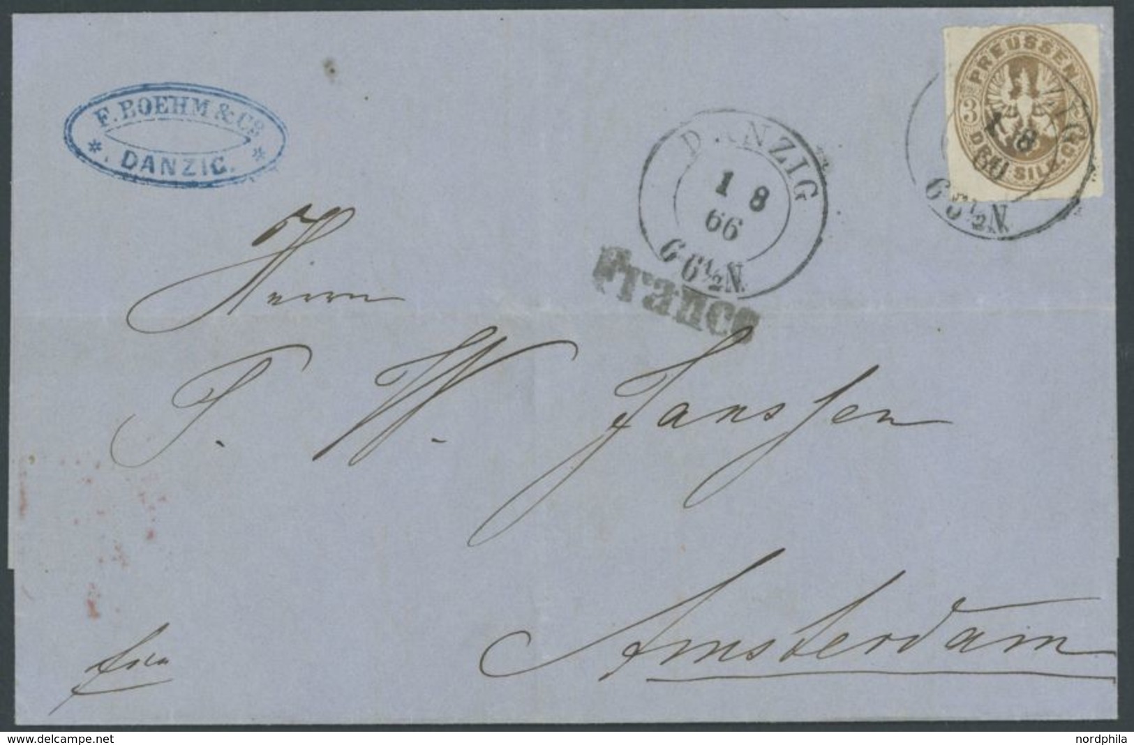 PREUSSEN 18 BRIEF, 1866, 3 Sgr. Hellbraun Mit K2 DANZIG Und L1 Franco Auf Brief Nach Amsterdam, Pracht - Other & Unclassified