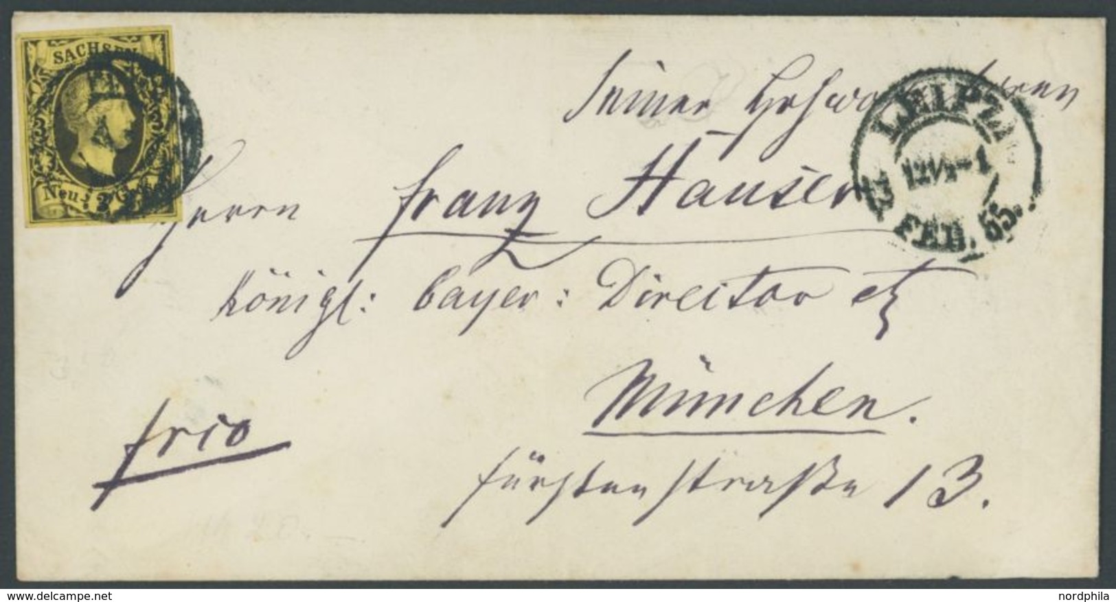 SACHSEN 6 BRIEF, 1855, 3 Ngr. Schwarz Auf Mittelolivgelb Auf Prachtbrief Von LEIPZIG Nach München - Sachsen