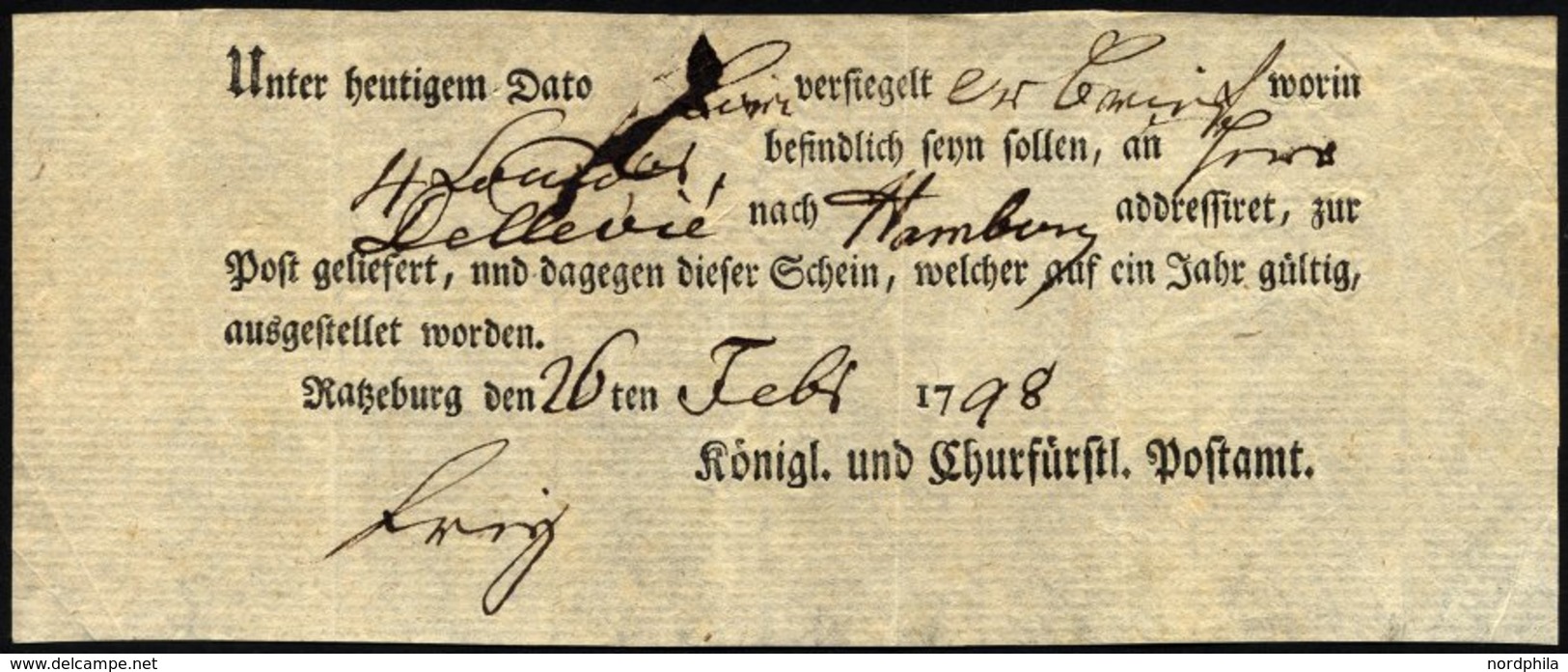 SCHLESWIG-HOLSTEIN RATZEBURG, Ortsdruck Auf Einlieferungsschein: Unter Heutigem Dato.... (1798), Pracht - Prephilately