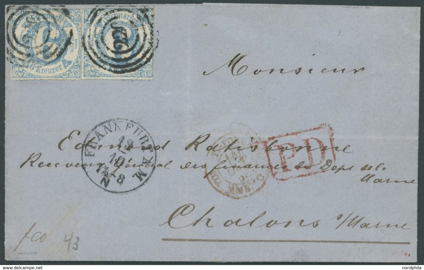 THURN Und TAXIS 43 BRIEF, 1865, 6 Kr. Hellblau, 2x Auf Brief Von FRANKFURT Nach Frankreich, Pracht, Gepr. Pfenninger Und - Otros & Sin Clasificación