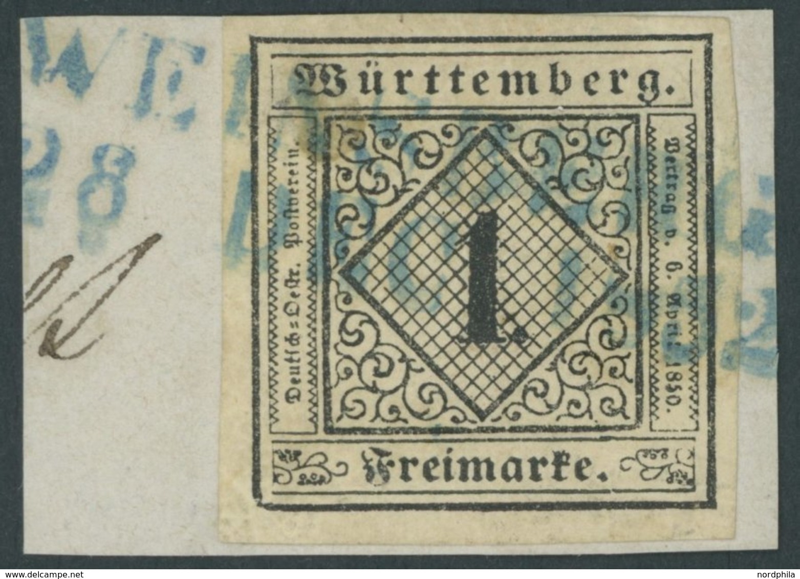 WÜRTTEMBERG 1b BrfStk, 1851, 1 Kr. Schwarz Auf Sämisch, Blauer L2 WEINSBERG, Allseits Breitrandig, Prachtbriefstück - Other & Unclassified