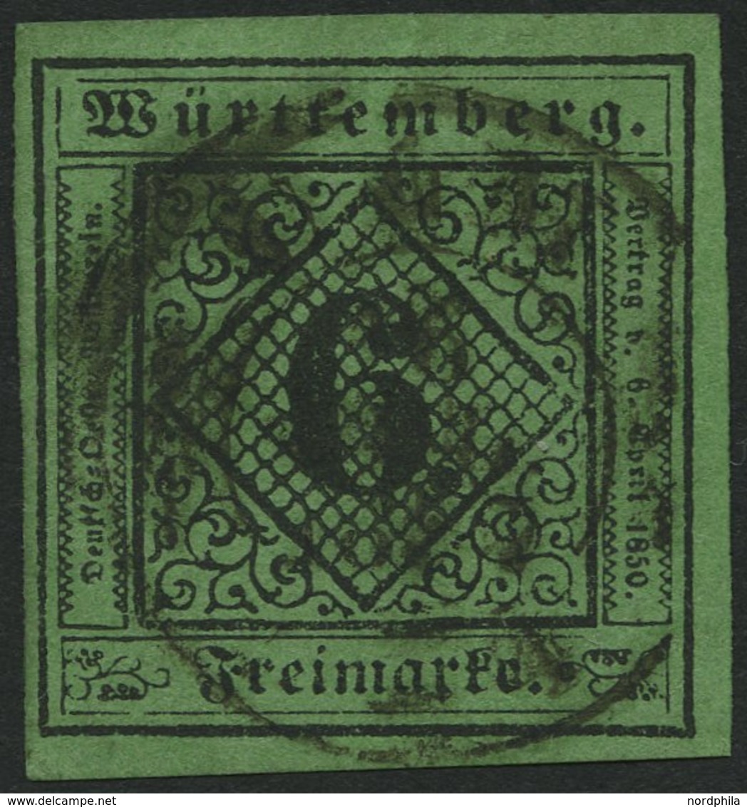 WÜRTTEMBERG 3b O, 1851, 6 Kr. Schwarz Auf Blaugrün, Pracht, Mi. 60.- - Other & Unclassified