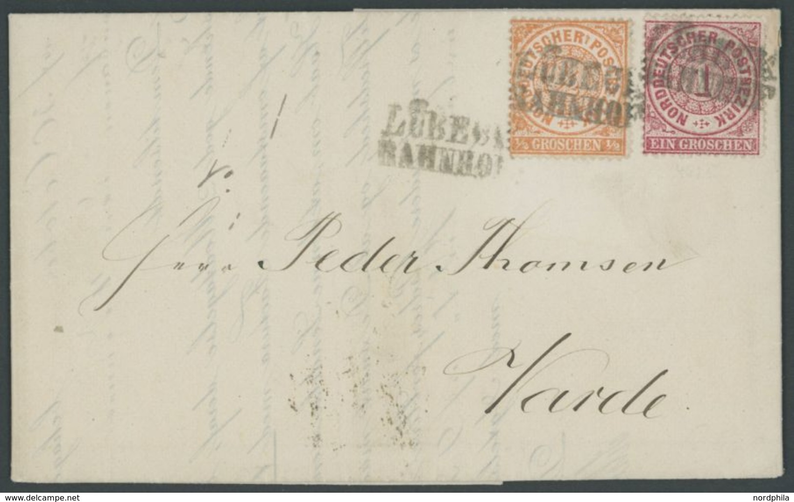 NDP 15/6 BRIEF, 1871, 1/2 Gr. Orange Und 1 Gr. Karmin Mit L2 LÜBECK BAHNHOF Auf Brief Nach Dänemark, Pracht - Other & Unclassified