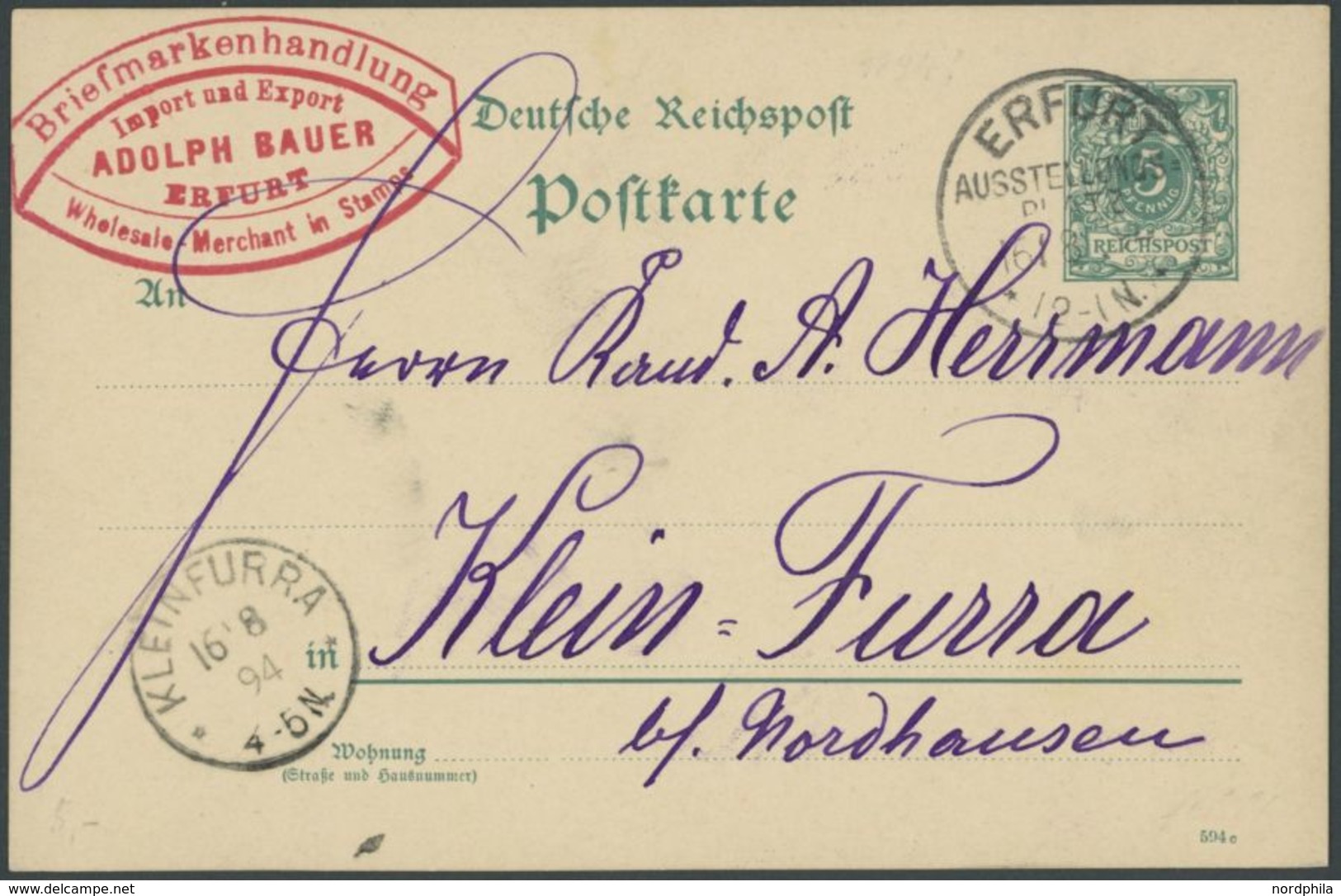 SST Bis 1918 02 BRIEF, ERFURT AUSSTELLUNGSPLATZ, 16.8.1894, Auf 5 Pf. Ganzsachenkarte, Pracht - Storia Postale