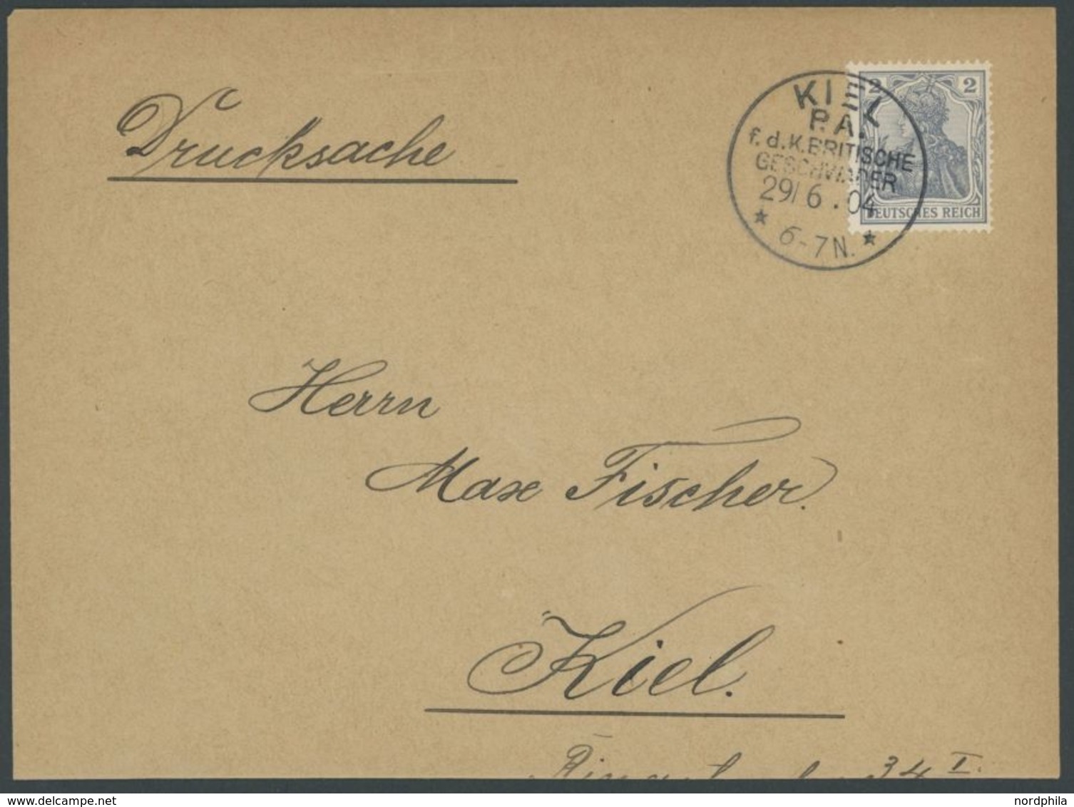 SST Bis 1918 06 BRIEF, KIEL P.A.d.K. BRITISCHE GESCHWADER, 29.6.1904, Auf Drucksachenbrief, Unten Etwas Gekürzt, Pracht - Covers & Documents