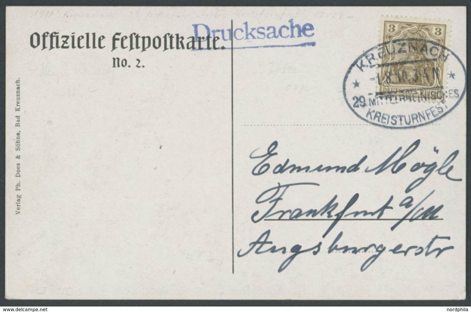 SST Bis 1918 01 BRIEF, KREUZNACH 29. MITTELRHEINISCHES KREISTURNFEST, 1.8.1910, Auf Offizieller Festtagskarte No. 2, Dru - Cartas & Documentos