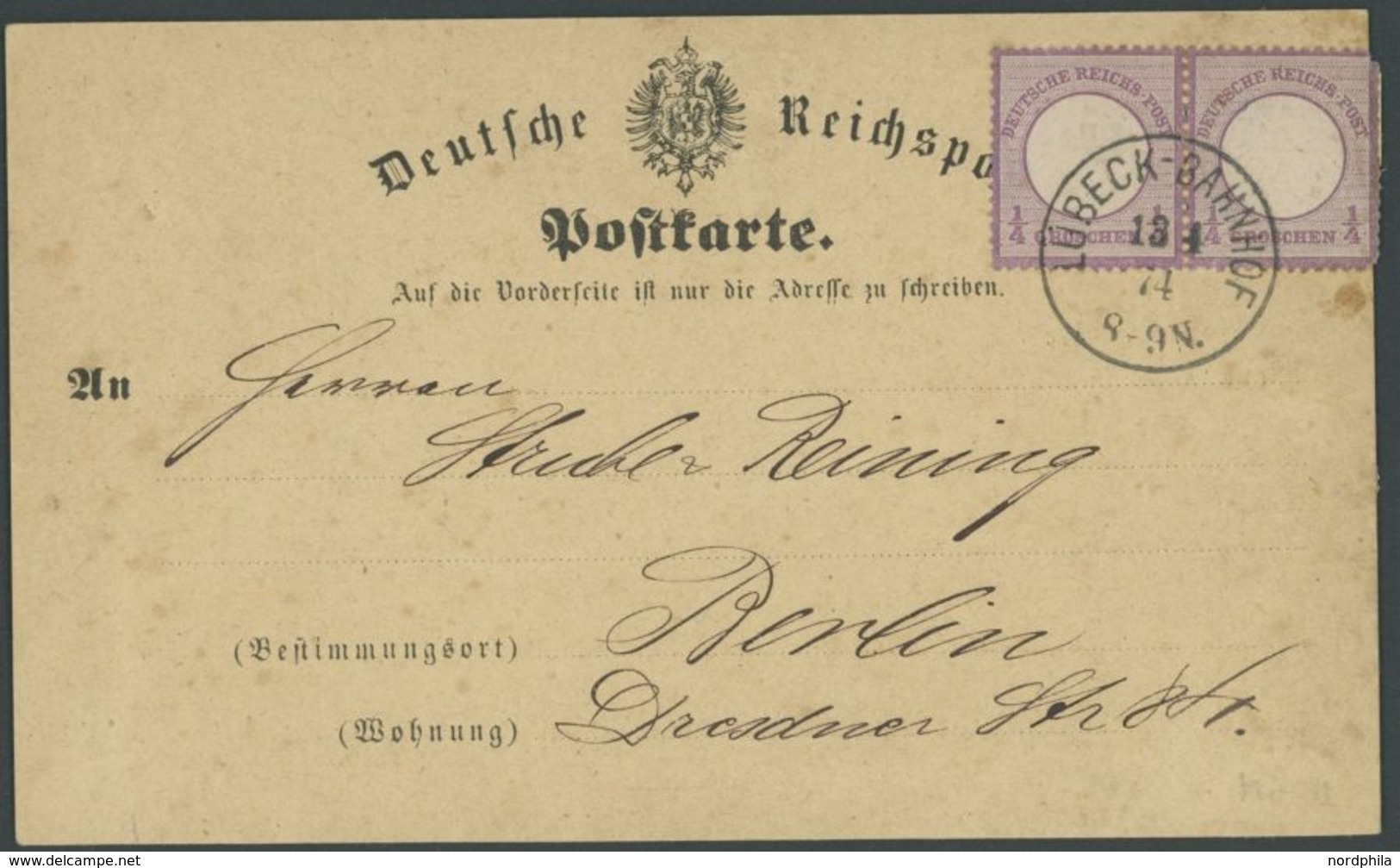 Dt. Reich 1 Paar BRIEF, 1874, 1/4 Gr. Grauviolett Im Waagerechten Paar Auf Postkarte, K1 LÜBECK BAHNHOF, Rechte Marke Re - Usados