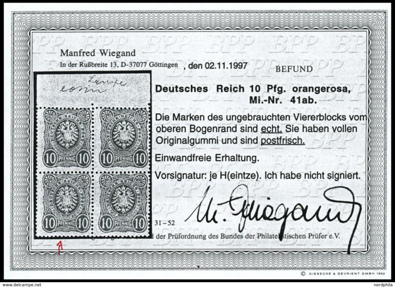 Dt. Reich 41ab **, 1880, 10 Pf. Eosin, Postfrisch, Pracht, Attestkopie Wiegand Eines Ehemaligen Viererblocks, Mi. 80.- - Altri & Non Classificati