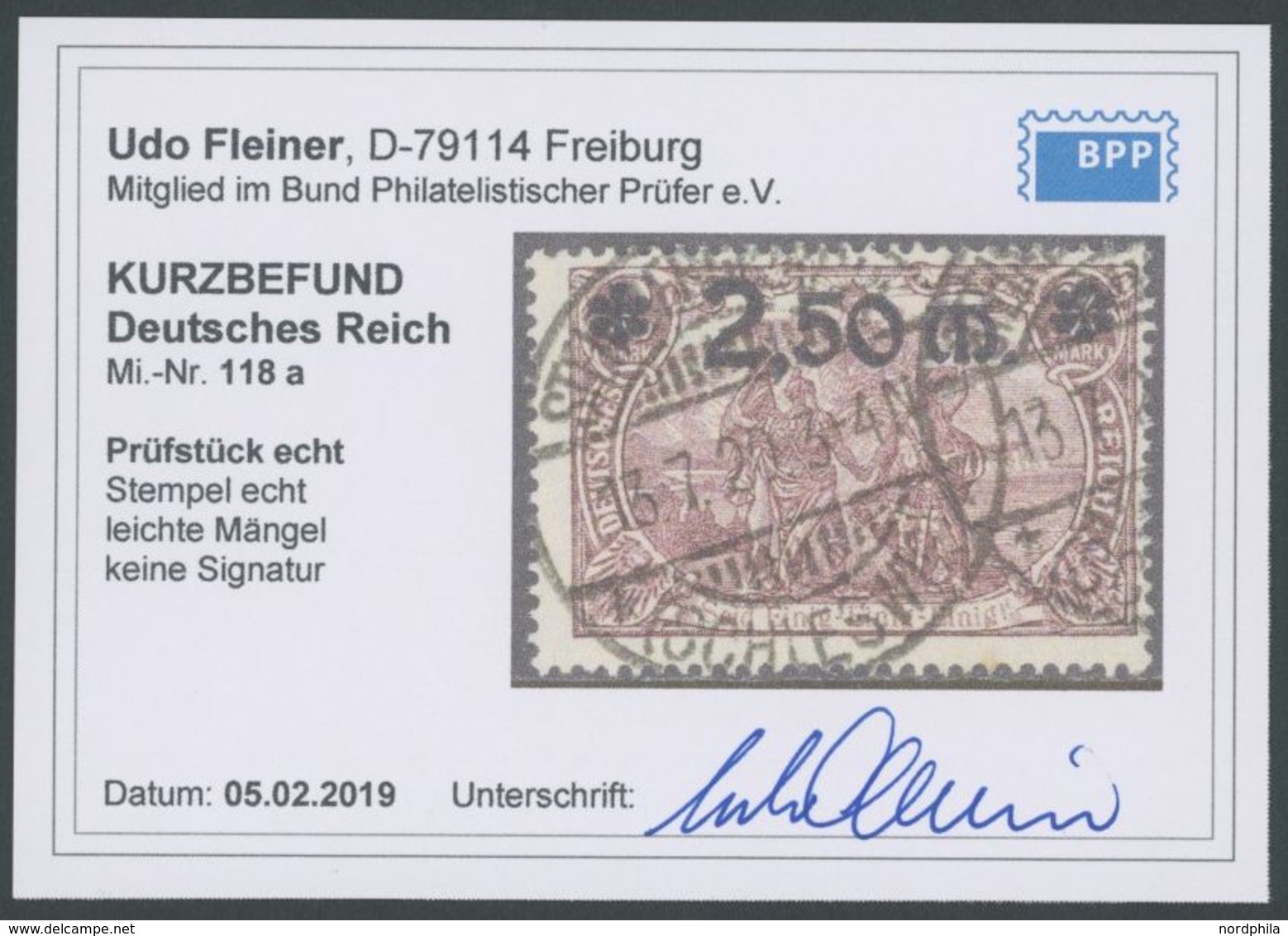 Dt. Reich 118a O, 1920, 2.50 M. Auf 2 M. Braunlila, Feinst, Kurzbefund Fleiner, Mi. 250.- - Usados