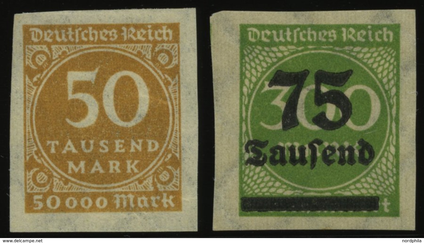 Dt. Reich 275aU,286U *, 1923, 50 Tsd. M. Dunkelocker Und 75 Tsd. Auf 300 M. Gelblichgrün, Ungezähnt, Falzreste, 2 Pracht - Gebraucht