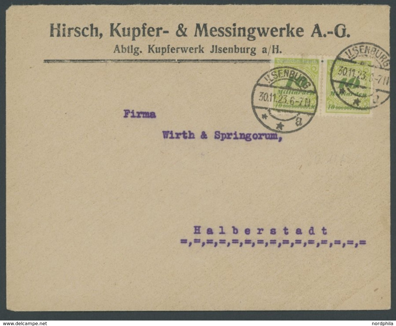 Dt. Reich 328 Paar BRIEF, 30.11.1923, 10 Mrd. M. Schwärzlichgrüngelb/olivgrün Im Waagerechten Paar Als Mehrfachfrankatur - Usados