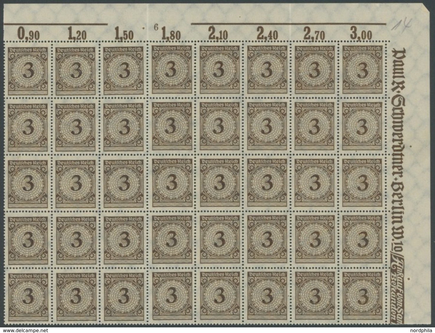 Dt. Reich 338aP **, 1923, 3 Pf. Dunkelorangebraun, Oberrandbogenteil Mit 40 Werten, Dabei Feld 13 Und 18 Mit Korbdeckels - Used Stamps