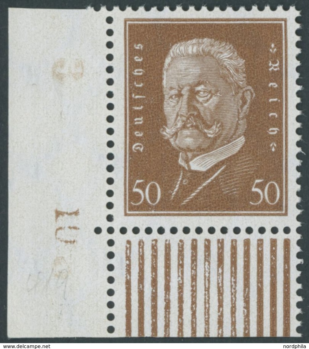 Dt. Reich 420 **, 1928, 50 Pf. Hindenburg, Untere Linke Bogenecke Mit Bogennummer, Pracht, Gepr. Schlegel - Used Stamps