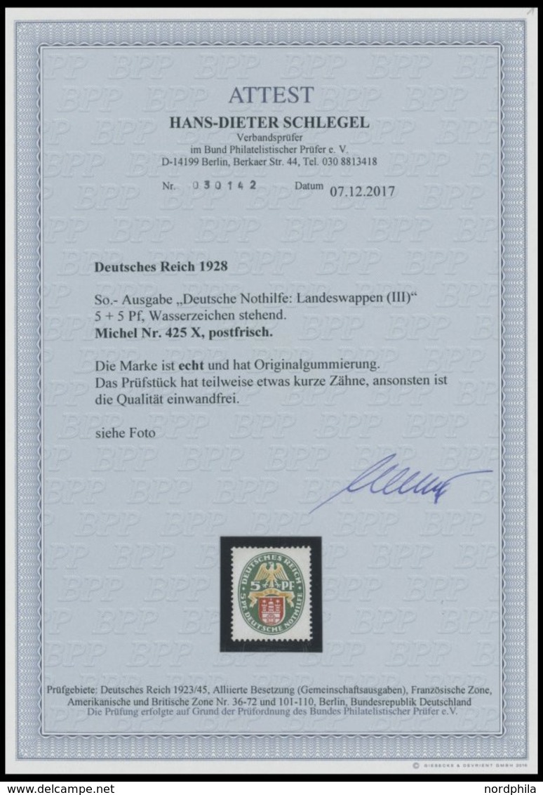 Dt. Reich 425X **, 1928, 5 Pf. Nothilfe, Wz. Stehend, Postfrisch, RR!, Unsigniert, Fotoattest H.D. Schlegel: Das Prüfstü - Usados