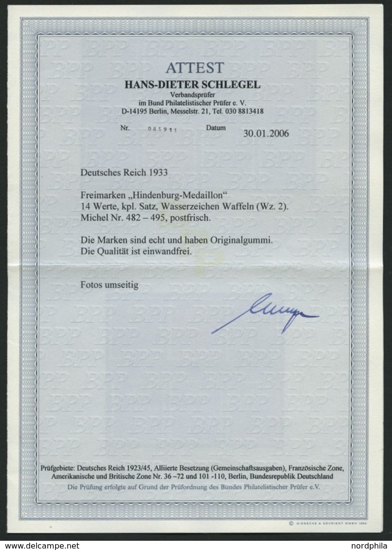 Dt. Reich 482-95 **, 1933, Hindenburg, Wz. 2, Prachtsatz, Fotoattest H.D. Schlegel, Mi. 1100.- - Otros & Sin Clasificación