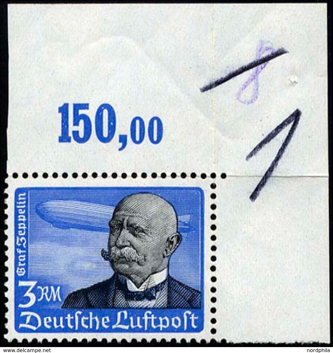 Dt. Reich 539x **, 1934, 3 RM Graf Zeppelin, Senkrechte Gummiriffelung, Pracht, Mi. 200.- - Otros & Sin Clasificación