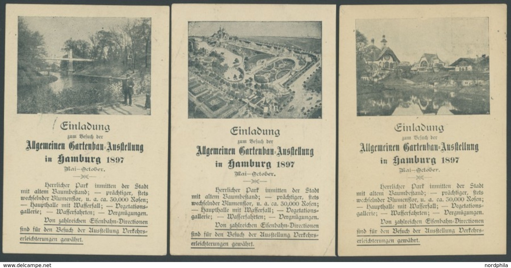 GANZSACHEN PP 8C2 BRIEF, Privatpost: 1897, 5 Pf. Krone ALLGEMEINE GARTENBAU-AUSSTELLUNG HAMBURG, 3 Verschiedene Einladun - Other & Unclassified