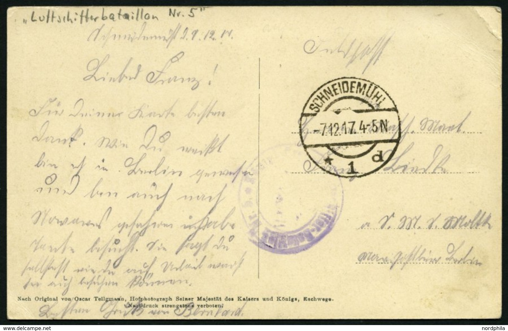 ZEPPELINPOST - MILITÄRLUFTSCHIFFAHRT 1917, LUFTSCHIFFERBATAILLON Nr. 5, Violetter Briefstempel Auf Karte Aus SCHNEIDEMÜH - Correo Aéreo & Zeppelin