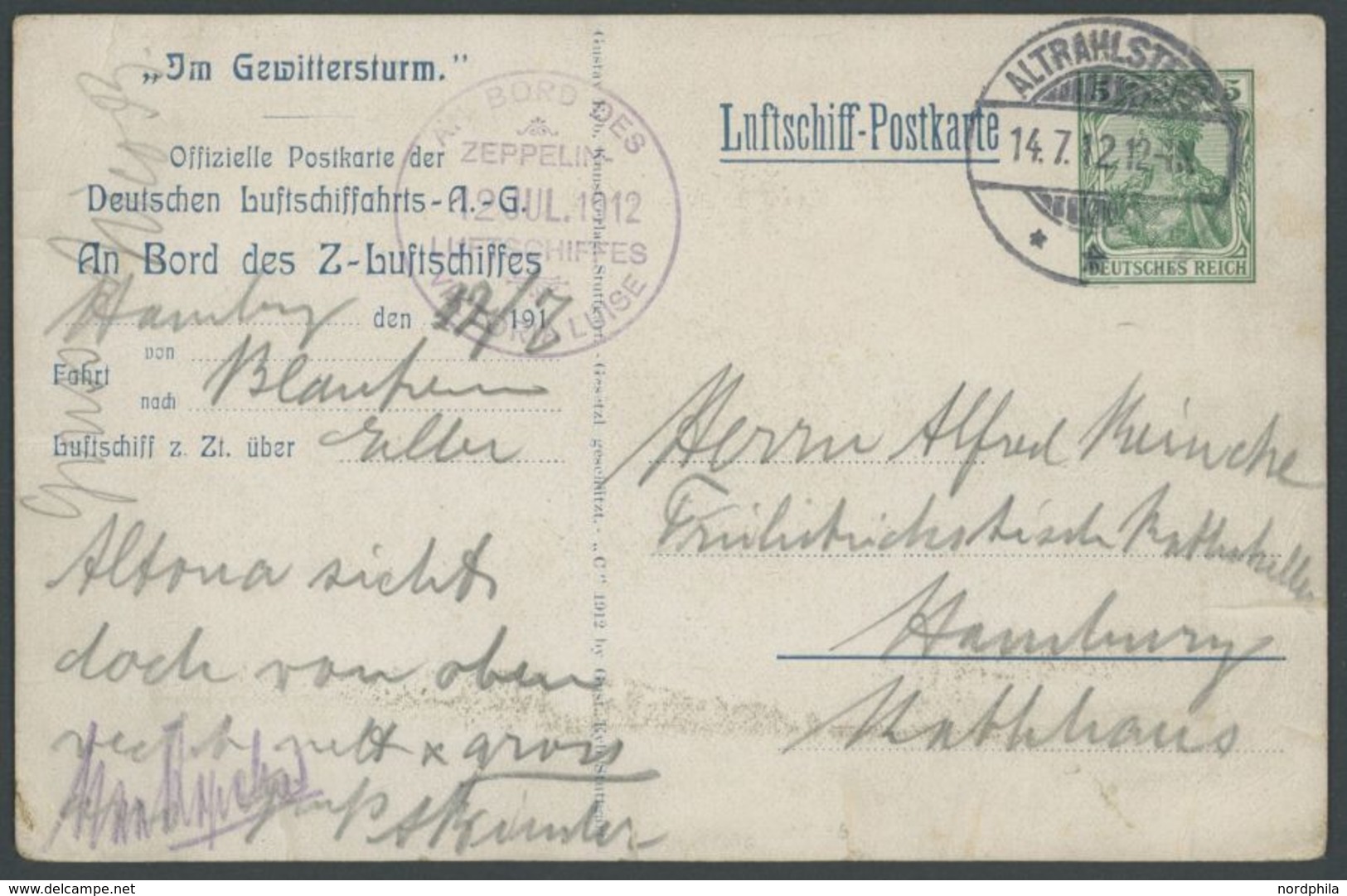 ZEPPELINPOST 3x BRIEF, 12.07.1912, Luftschiff Viktoria-Luise, Hamburg-Rundfahrt, 5 Pf. Luftschiff Ganzsachenkarte Im Gew - Correo Aéreo & Zeppelin