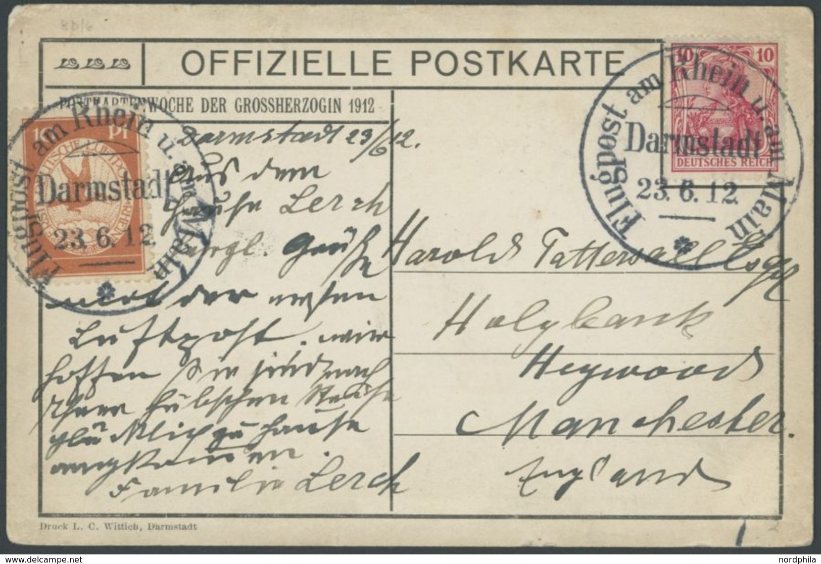 ZEPPELINPOST 10 BRIEF, 1912, 10 Pf. Flp. Am Rhein Und Main Auf Flugpostkarte (Jagdschloss Wolfsgarten) Mit 10 Pf. Zusatz - Airmail & Zeppelin