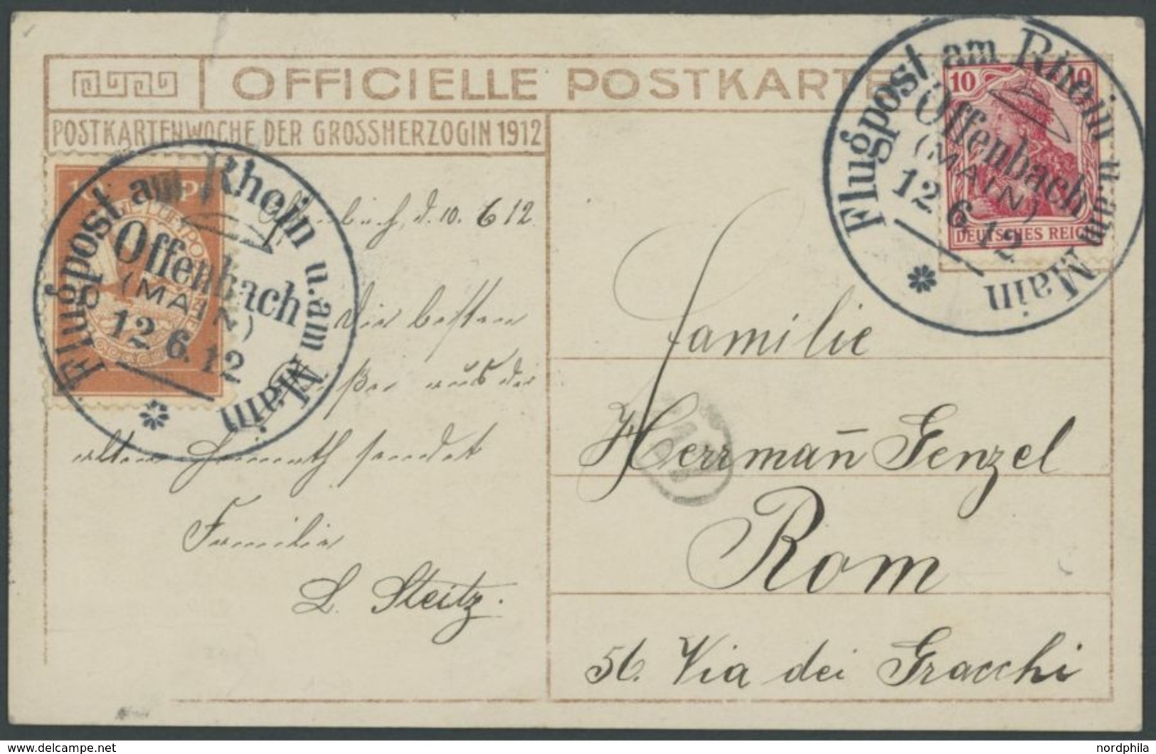 ZEPPELINPOST 10 BRIEF, 1912, 10 Pf. Flp. Am Rhein Und Main Auf Flugpostkarte (Herzogliche Familie, Bild Kopfstehend) Mit - Airmail & Zeppelin