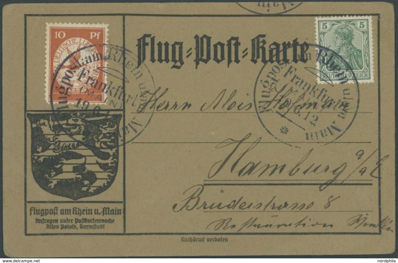 ZEPPELINPOST 10 BRIEF, 1912, 10 Pf. Flp. Am Rhein Und Main Auf Flugpostkarte Mit 5 Pf. Zusatzfrankatur, Sonderstempel Fr - Correo Aéreo & Zeppelin