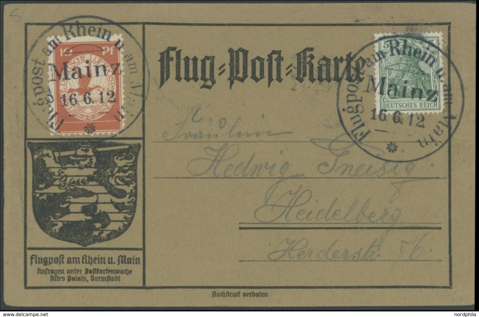 ZEPPELINPOST 10 BRIEF, 1912, 10 Pf. Flp. Am Rhein Und Main Auf Flugpostkarte Mit 5 Pf. Zusatzfrankatur, Sonderstempel Ma - Correo Aéreo & Zeppelin