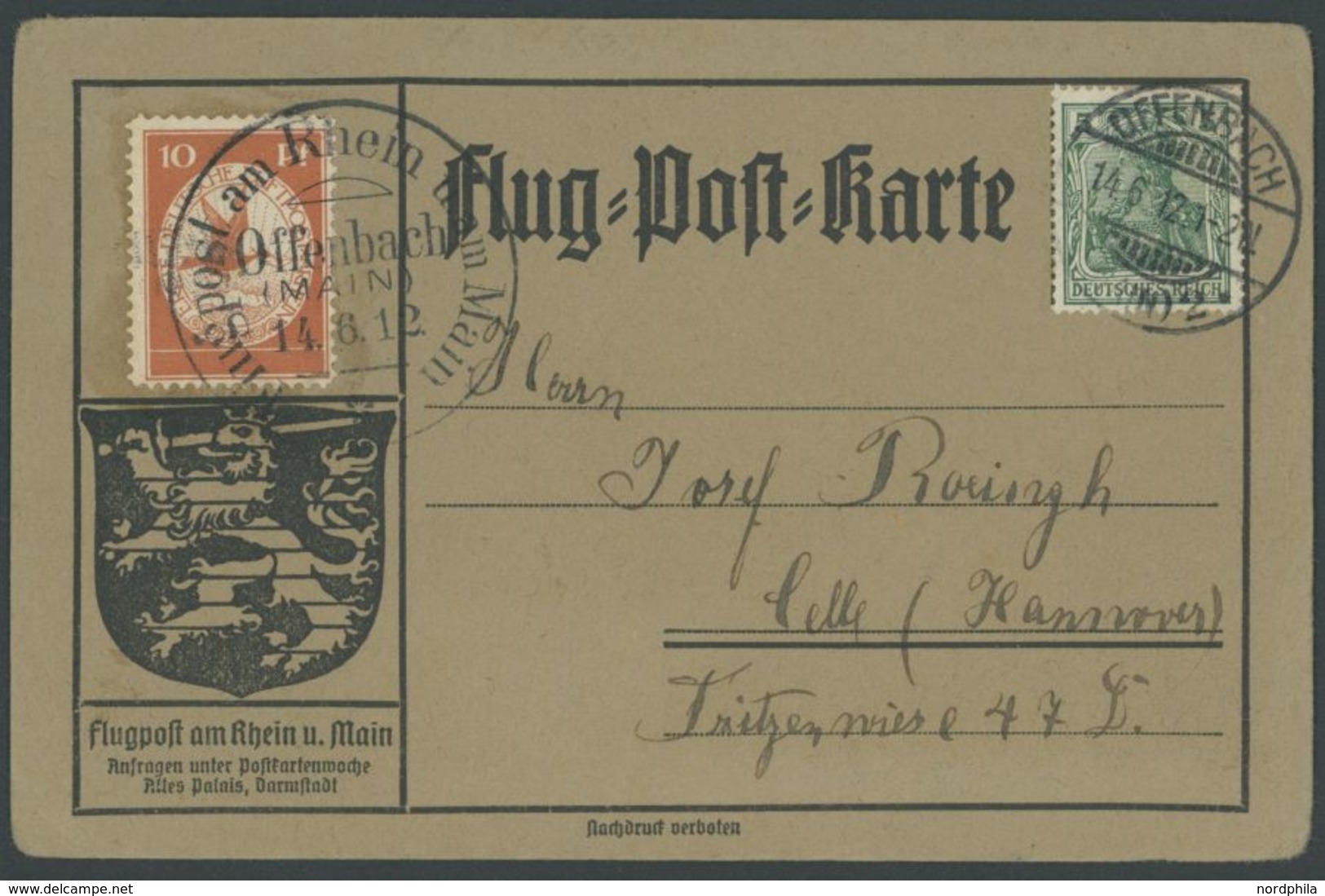 ZEPPELINPOST 10 BRIEF, 1912, 10 Pf. Flp. Am Rhein Und Main Auf Flugpostkarte Mit 5 Pf. Zusatzfrankatur, Sonderstempel Of - Airmail & Zeppelin